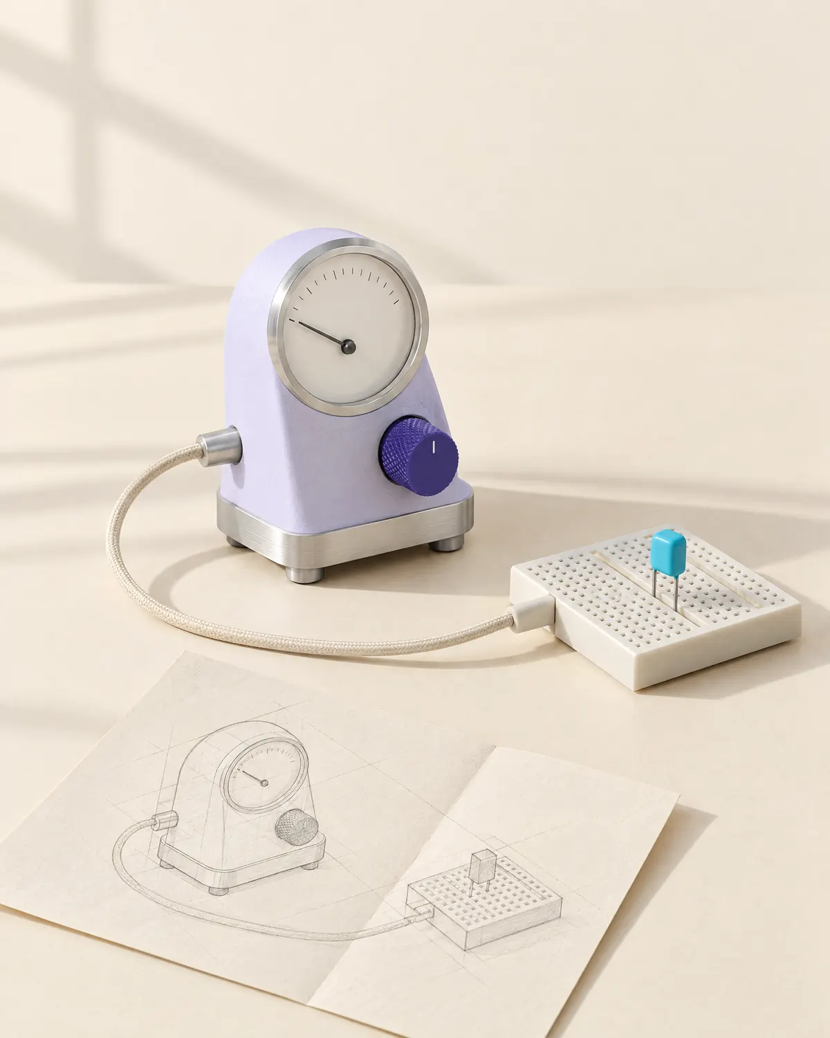 A small lavender measuring instrument with a needle gauge and a violet dial, cabled to a breadboard with one cyan component, beside a folded pencil sketch of the same device.