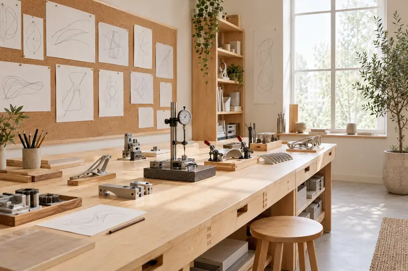 Bright studio interior with a workbench and pinned drawings, no people